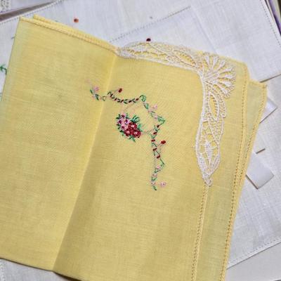 At least 10 Vintage embroidered kerchiefs - and Spunwell pillowcases in original boxes -