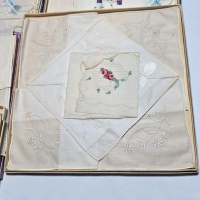 At least 10 Vintage embroidered kerchiefs - and Spunwell pillowcases in original boxes -