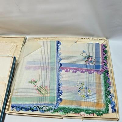 At least 10 Vintage embroidered kerchiefs - and Spunwell pillowcases in original boxes -