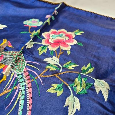 Two Beautiful Vintage Hand Embroidered Asian Floral & quail Design Panel on Silk / Decorative Pillow Covers with table runner