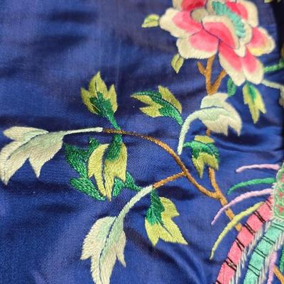 Two Beautiful Vintage Hand Embroidered Asian Floral & quail Design Panel on Silk / Decorative Pillow Covers with table runner