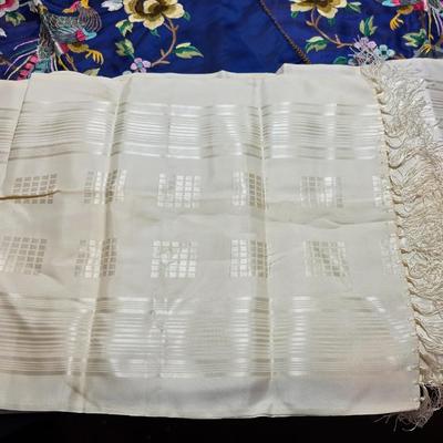 Two Beautiful Vintage Hand Embroidered Asian Floral & quail Design Panel on Silk / Decorative Pillow Covers with table runner