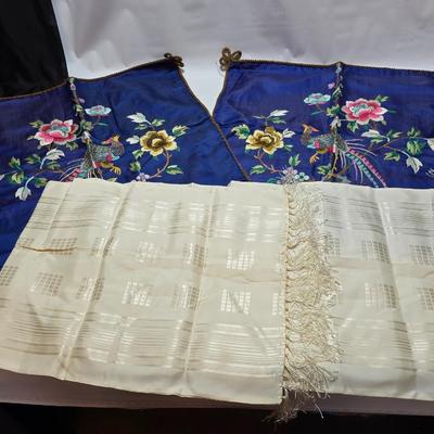 Two Beautiful Vintage Hand Embroidered Asian Floral & quail Design Panel on Silk / Decorative Pillow Covers with table runner