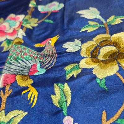 Two Beautiful Vintage Hand Embroidered Asian Floral & quail Design Panel on Silk / Decorative Pillow Covers with table runner