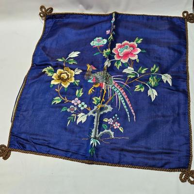 Two Beautiful Vintage Hand Embroidered Asian Floral & quail Design Panel on Silk / Decorative Pillow Covers with table runner