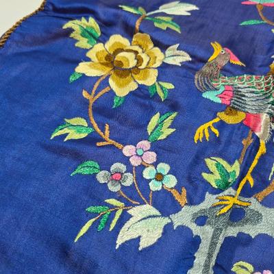 Two Beautiful Vintage Hand Embroidered Asian Floral & quail Design Panel on Silk / Decorative Pillow Covers with table runner