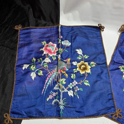 Two Beautiful Vintage Hand Embroidered Asian Floral & quail Design Panel on Silk / Decorative Pillow Covers with table runner
