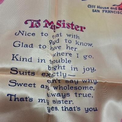 vintage souvenir satin pillowcase with a poem titled "To My Sister" and "To my Mother"