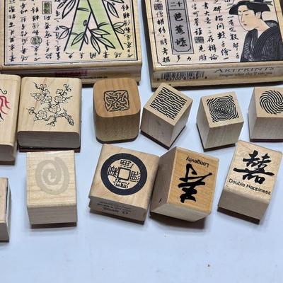 Stamps mounted on wood blocks - mostly Asian themed - bamboo - letters- and more