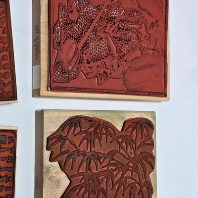 Stamps mounted on wood blocks - mostly Asian themed - bamboo - letters- and more