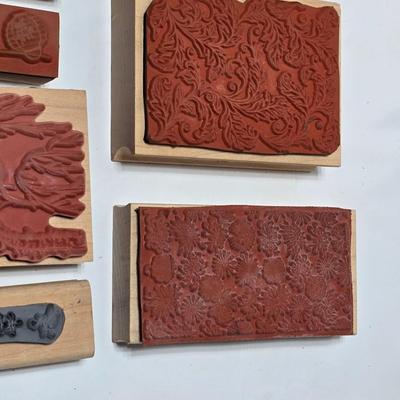 Stamps mounted on wood blocks - mostly Asian themed - bamboo - letters- and more