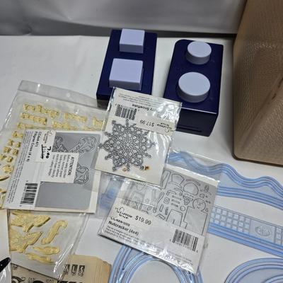 Box of crafting supplies - stencils - die cuts - scissors and more