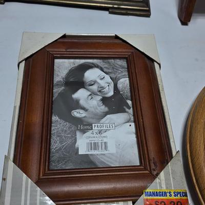 Vintage picture frame, wall shelf, wood framed mirror, wall clock, and more