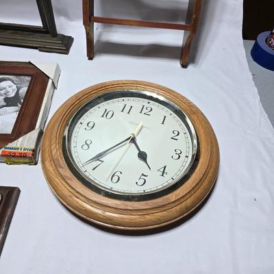 Vintage picture frame, wall shelf, wood framed mirror, wall clock, and more