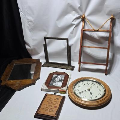 Vintage picture frame, wall shelf, wood framed mirror, wall clock, and more