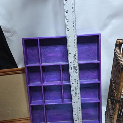 Small trinket shelves, picture frames, and a wall clock