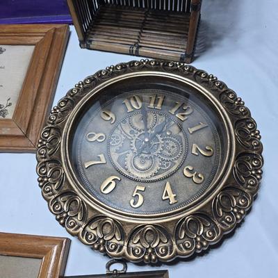 Small trinket shelves, picture frames, and a wall clock