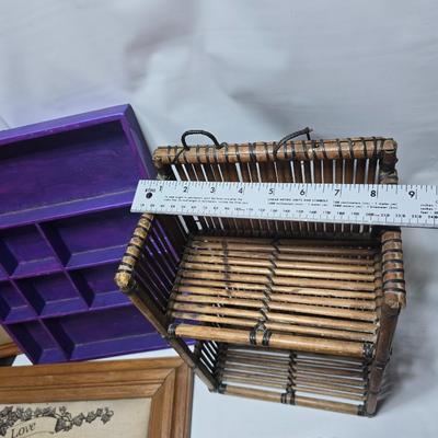 Small trinket shelves, picture frames, and a wall clock