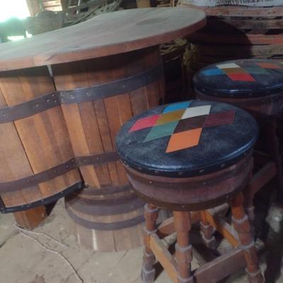 Vintage Wood Barrel Three Piece Bar and Stool Set