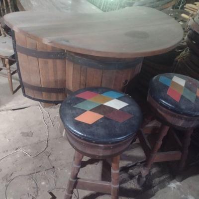 Vintage Wood Barrel Three Piece Bar and Stool Set