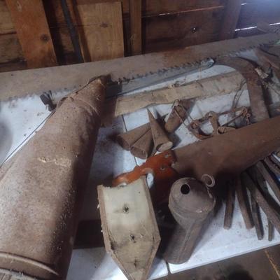 Collection of Antique and Primitive Farm and Barn Items Choice A (Table Not Included)