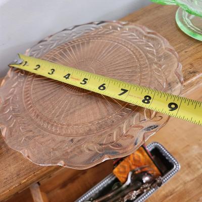 4 Vintage Glass Cake Stands and Plates Blue Green Pink Clear