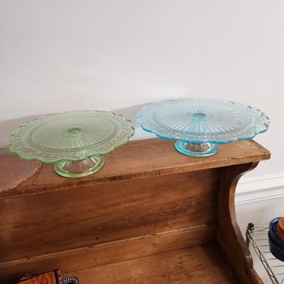 4 Vintage Glass Cake Stands and Plates Blue Green Pink Clear