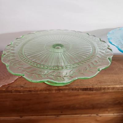 4 Vintage Glass Cake Stands and Plates Blue Green Pink Clear