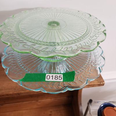 4 Vintage Glass Cake Stands and Plates Blue Green Pink Clear