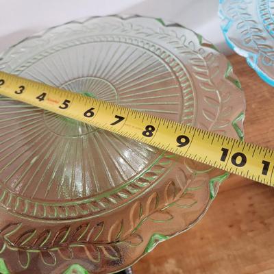 4 Vintage Glass Cake Stands and Plates Blue Green Pink Clear