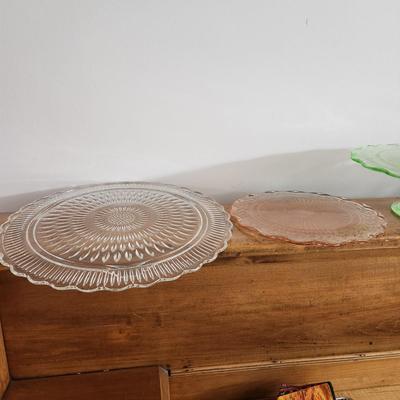 4 Vintage Glass Cake Stands and Plates Blue Green Pink Clear