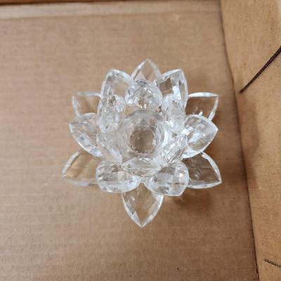 Table lot of Clear Glass Crystal Bowls Candle Holders ,Glasses, Waterford , Reed & Barton Drinking Glasses ,Queen Mary 2 , and others