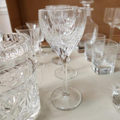 Table lot of Clear Glass Crystal Bowls Candle Holders ,Glasses, Waterford , Reed & Barton Drinking Glasses ,Queen Mary 2 , and others