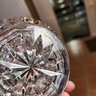 Table lot of Clear Glass Crystal Bowls Candle Holders ,Glasses, Waterford , Reed & Barton Drinking Glasses ,Queen Mary 2 , and others