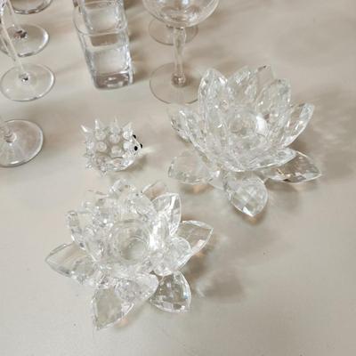 Table lot of Clear Glass Crystal Bowls Candle Holders ,Glasses, Waterford , Reed & Barton Drinking Glasses ,Queen Mary 2 , and others