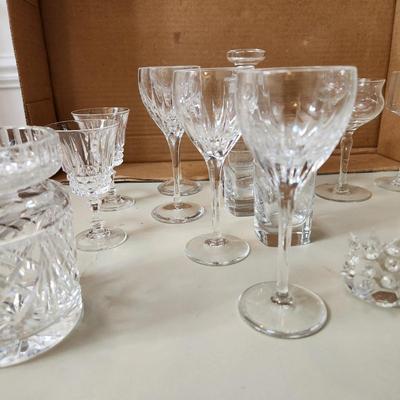 Table lot of Clear Glass Crystal Bowls Candle Holders ,Glasses, Waterford , Reed & Barton Drinking Glasses ,Queen Mary 2 , and others