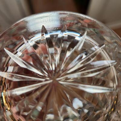 Table lot of Clear Glass Crystal Bowls Candle Holders ,Glasses, Waterford , Reed & Barton Drinking Glasses ,Queen Mary 2 , and others