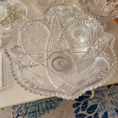 Table lot of Clear Glass Crystal Bowls Candle Holders ,Glasses, Waterford , Reed & Barton Drinking Glasses ,Queen Mary 2 , and others