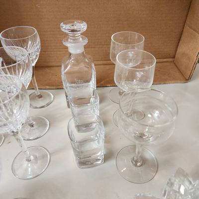 Table lot of Clear Glass Crystal Bowls Candle Holders ,Glasses, Waterford , Reed & Barton Drinking Glasses ,Queen Mary 2 , and others