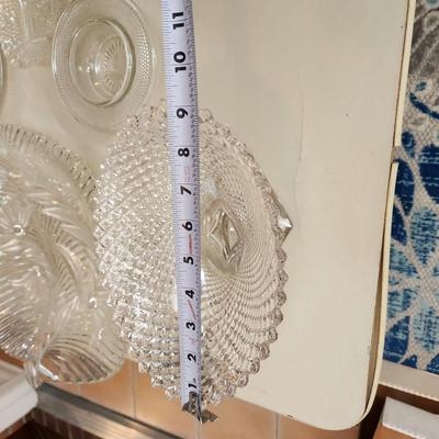 Table lot of Clear Glass Crystal Bowls Candle Holders ,Glasses, Waterford , Reed & Barton Drinking Glasses ,Queen Mary 2 , and others