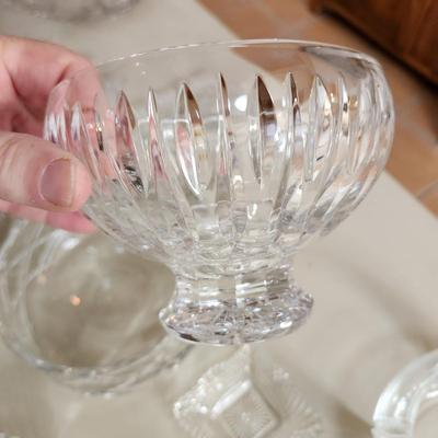 Table lot of Clear Glass Crystal Bowls Candle Holders ,Glasses, Waterford , Reed & Barton Drinking Glasses ,Queen Mary 2 , and others
