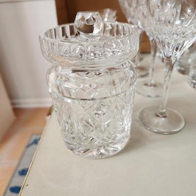 Table lot of Clear Glass Crystal Bowls Candle Holders ,Glasses, Waterford , Reed & Barton Drinking Glasses ,Queen Mary 2 , and others
