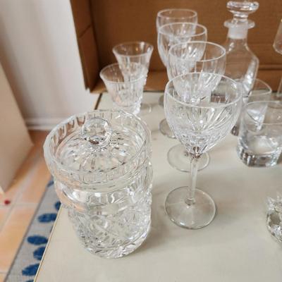 Table lot of Clear Glass Crystal Bowls Candle Holders ,Glasses, Waterford , Reed & Barton Drinking Glasses ,Queen Mary 2 , and others