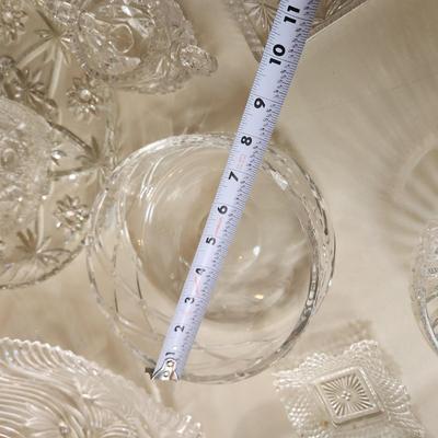 Table lot of Clear Glass Crystal Bowls Candle Holders ,Glasses, Waterford , Reed & Barton Drinking Glasses ,Queen Mary 2 , and others