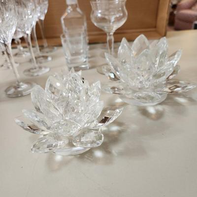 Table lot of Clear Glass Crystal Bowls Candle Holders ,Glasses, Waterford , Reed & Barton Drinking Glasses ,Queen Mary 2 , and others