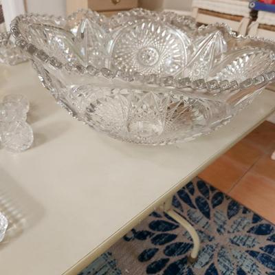 Table lot of Clear Glass Crystal Bowls Candle Holders ,Glasses, Waterford , Reed & Barton Drinking Glasses ,Queen Mary 2 , and others