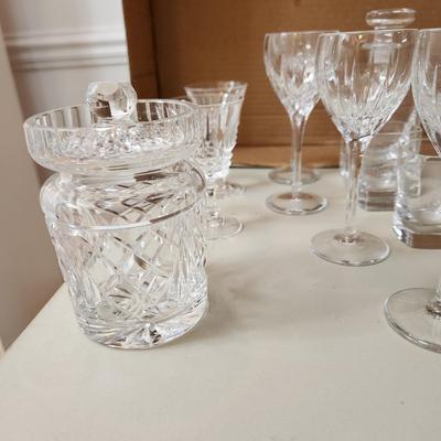 Table lot of Clear Glass Crystal Bowls Candle Holders ,Glasses, Waterford , Reed & Barton Drinking Glasses ,Queen Mary 2 , and others