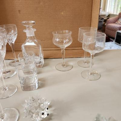 Table lot of Clear Glass Crystal Bowls Candle Holders ,Glasses, Waterford , Reed & Barton Drinking Glasses ,Queen Mary 2 , and others