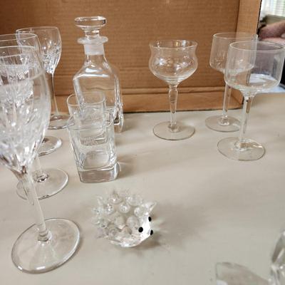 Table lot of Clear Glass Crystal Bowls Candle Holders ,Glasses, Waterford , Reed & Barton Drinking Glasses ,Queen Mary 2 , and others