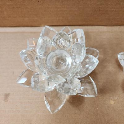 Table lot of Clear Glass Crystal Bowls Candle Holders ,Glasses, Waterford , Reed & Barton Drinking Glasses ,Queen Mary 2 , and others